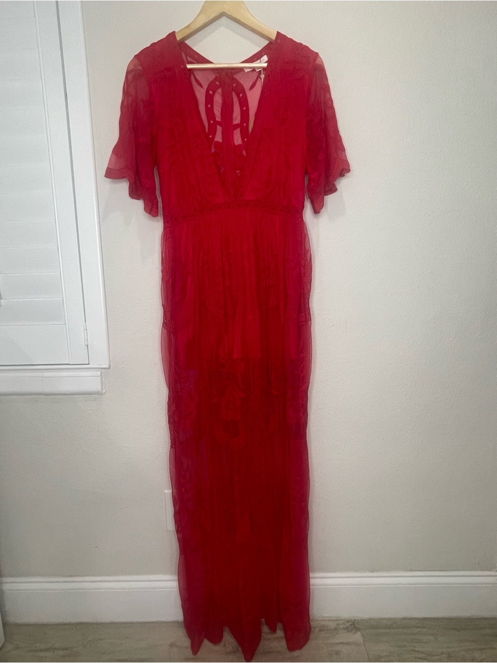 Honey Punch Red Sheer Lace Maxi Romper Dress